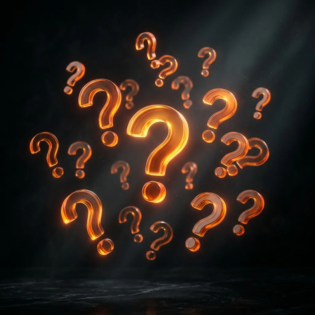 Phoenix Local Marketing FAQ help center illustration featuring abstract 3D question marks in orange glass